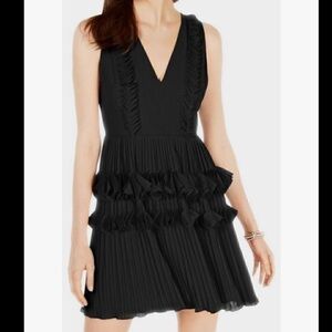 NWT Foxiedox Black Pleated Ruffle Mini Dress V-Neck Cocktail XS